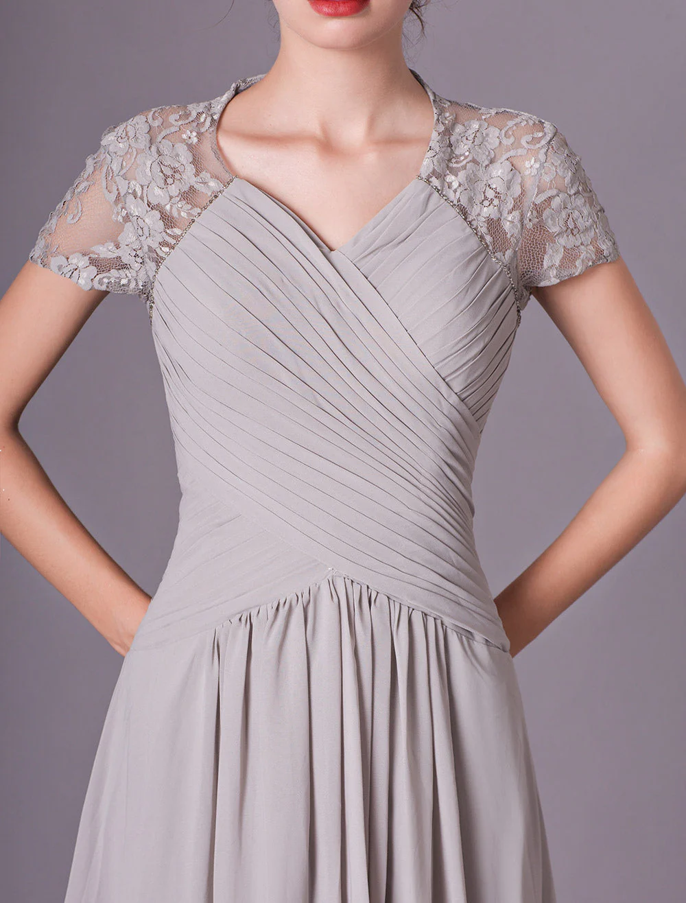 Glamorous Evening Dresses Silver Lace Short Sleeve Formal Gowns Chiffon Pleated Floor Length Mother Of Bride Dress - Image 9