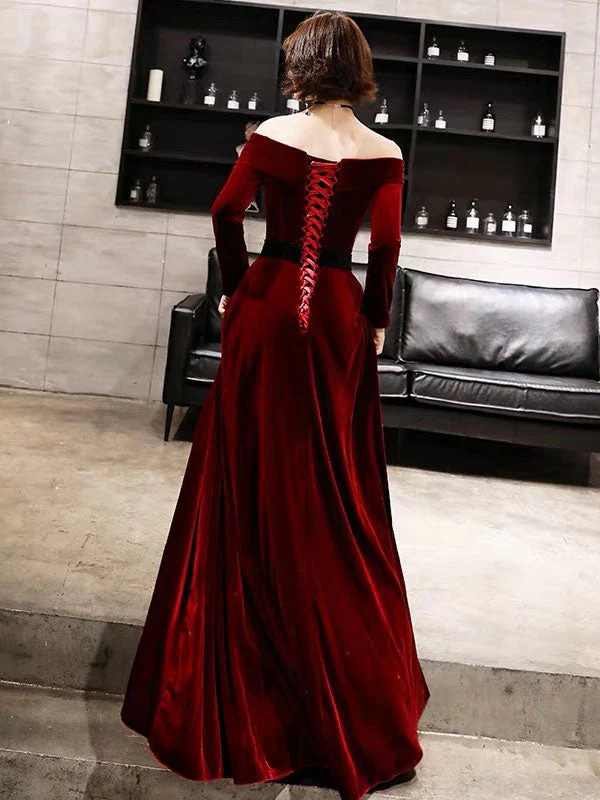 Classic Evening Dresses Velvet Long Sleeve Off Shoulder Maxi Dresses - Image 5