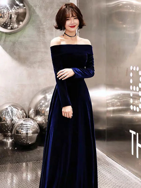 Classic Evening Dresses Velvet Long Sleeve Off Shoulder Maxi Dresses - Image 8