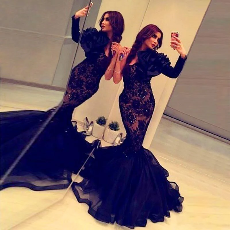 Evening Gowns Black One Shoulder Beaded Ruffles Train Arabic Pageant Dresses - Image 2