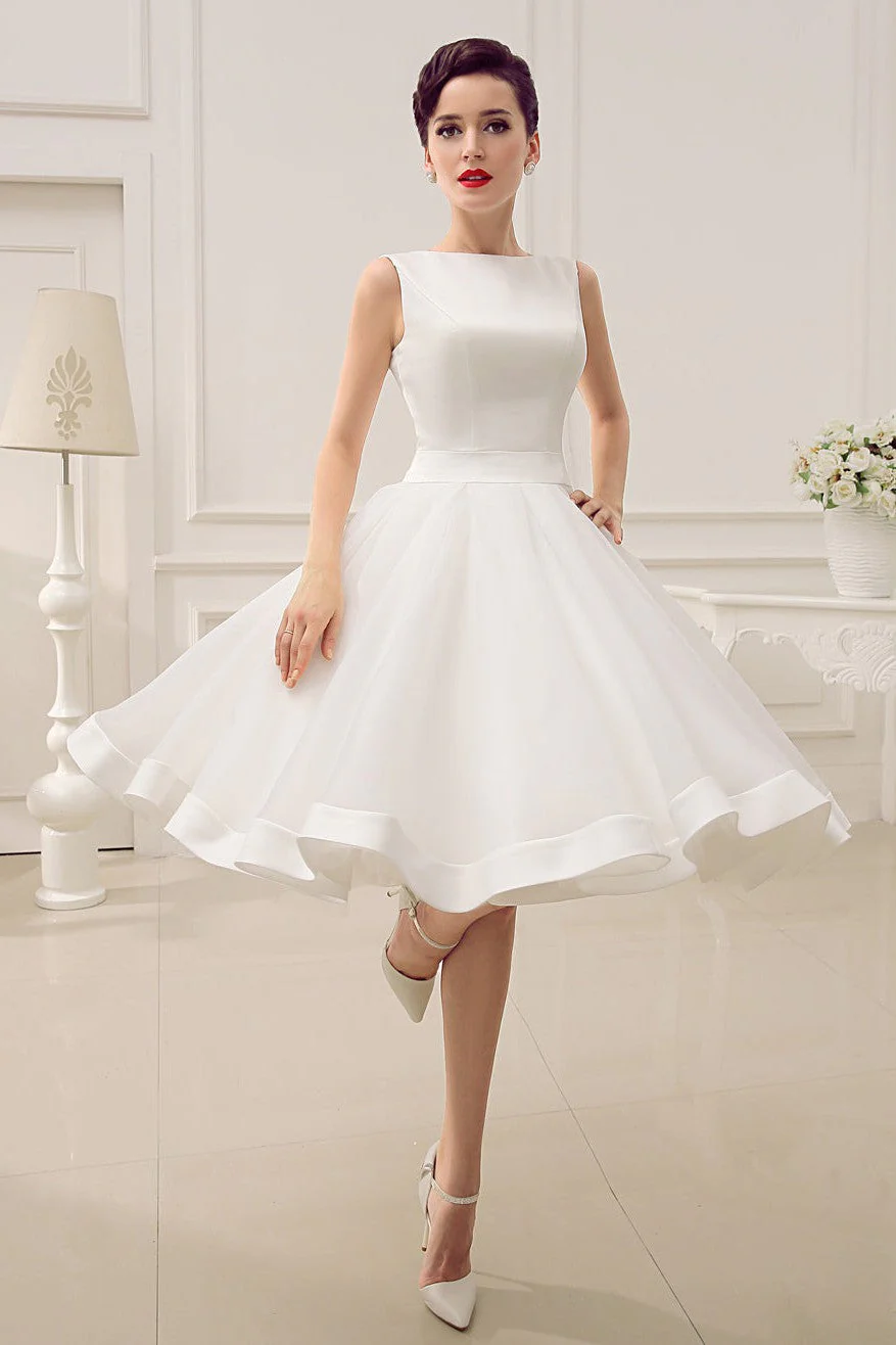 Exclusive Short Wedding Dress Retro Bridal Dress Bateau Sleeveless Reception Bridal Gown - Image 2
