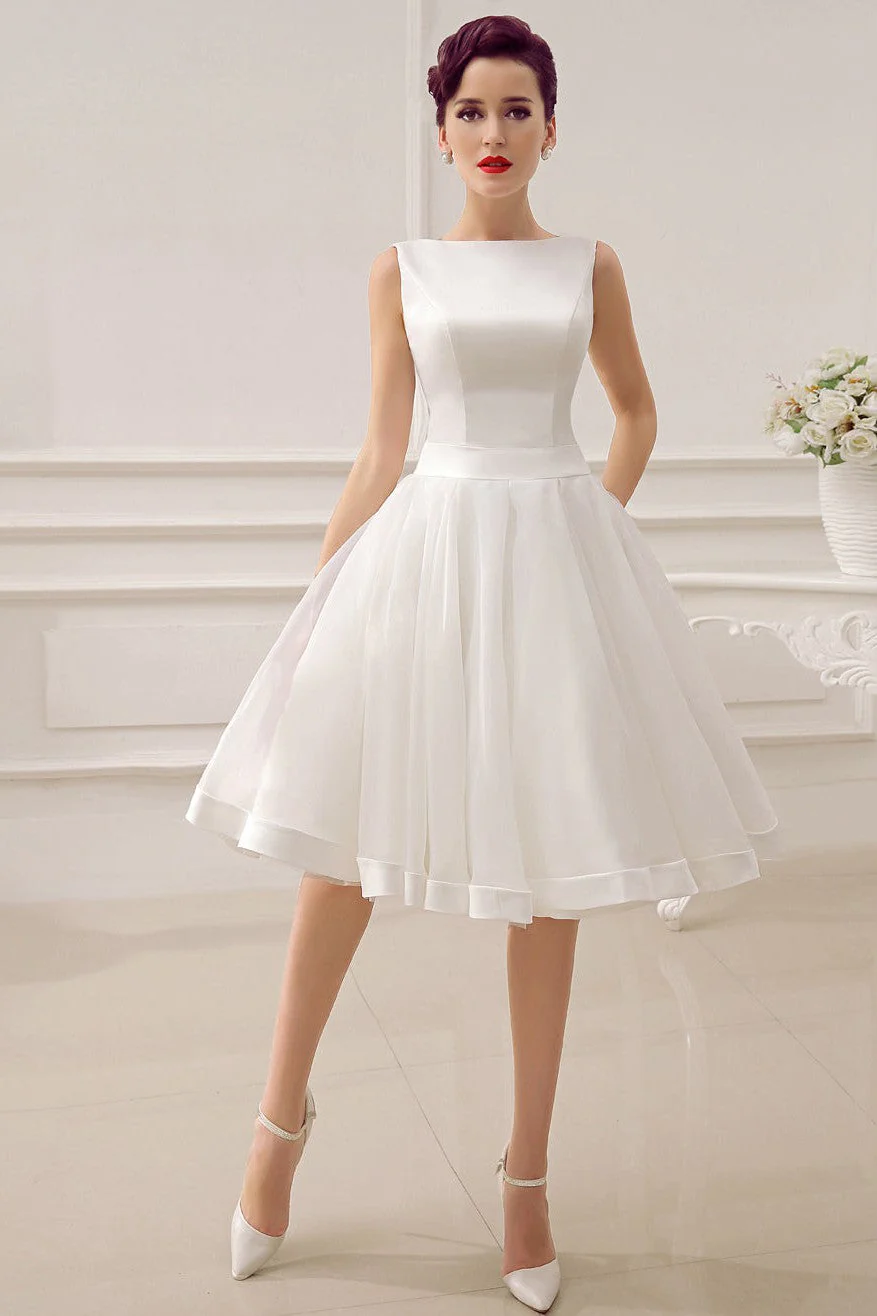 Exclusive Short Wedding Dress Retro Bridal Dress Bateau Sleeveless Reception Bridal Gown - Image 3