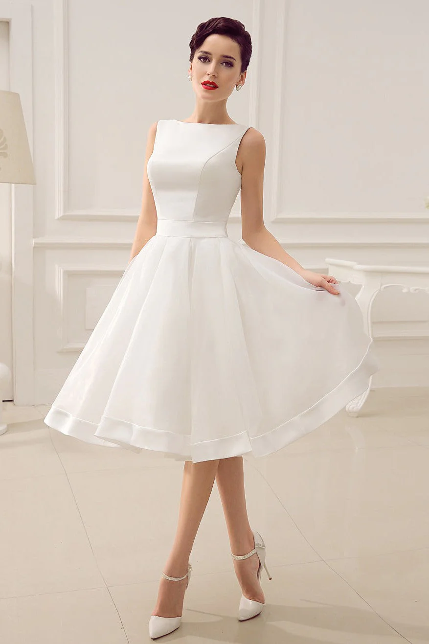 Exclusive Short Wedding Dress Retro Bridal Dress Bateau Sleeveless Reception Bridal Gown - Image 4
