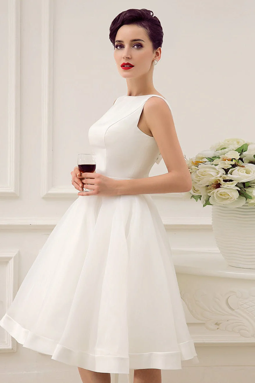Exclusive Short Wedding Dress Retro Bridal Dress Bateau Sleeveless Reception Bridal Gown - Image 6