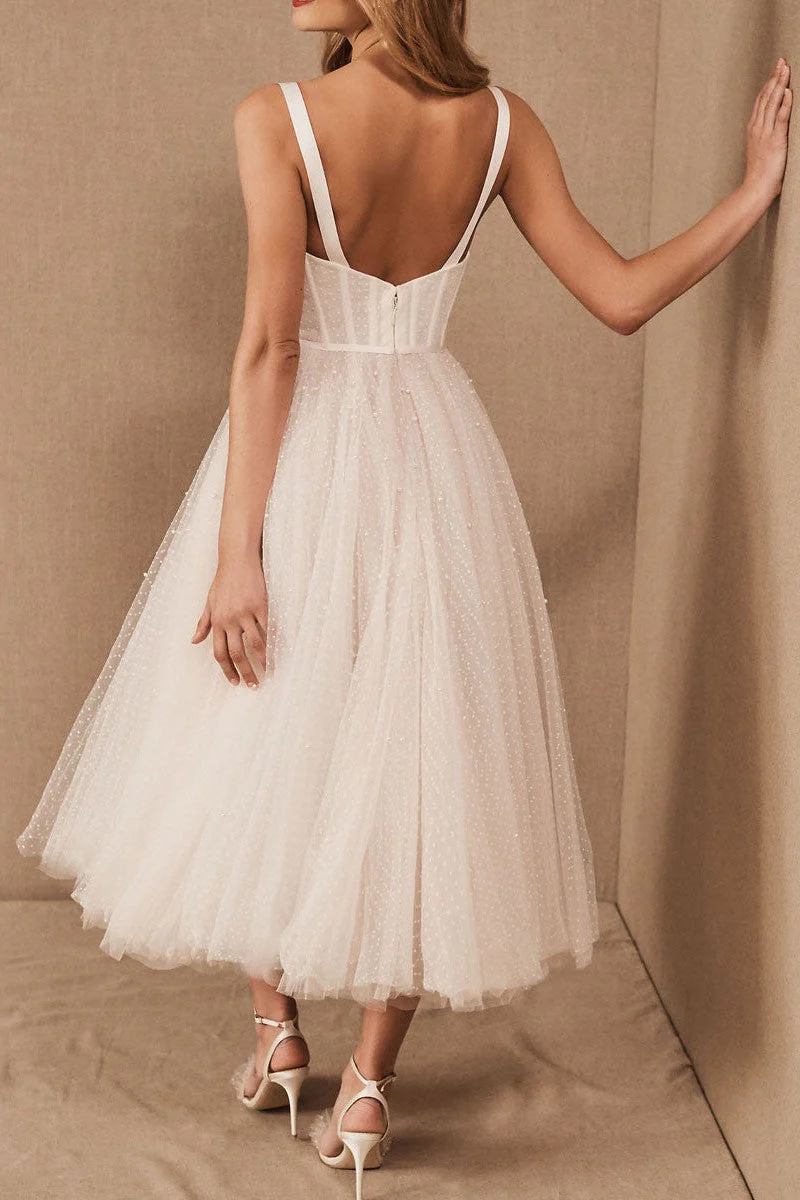 Exclusive White Wedding Dresses T-Length A-Line Sweetheart Pearls Spaghetti Straps Tea Length Bridal Dress - Image 2