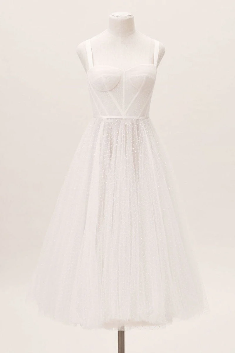 Exclusive White Wedding Dresses T-Length A-Line Sweetheart Pearls Spaghetti Straps Tea Length Bridal Dress - Image 4