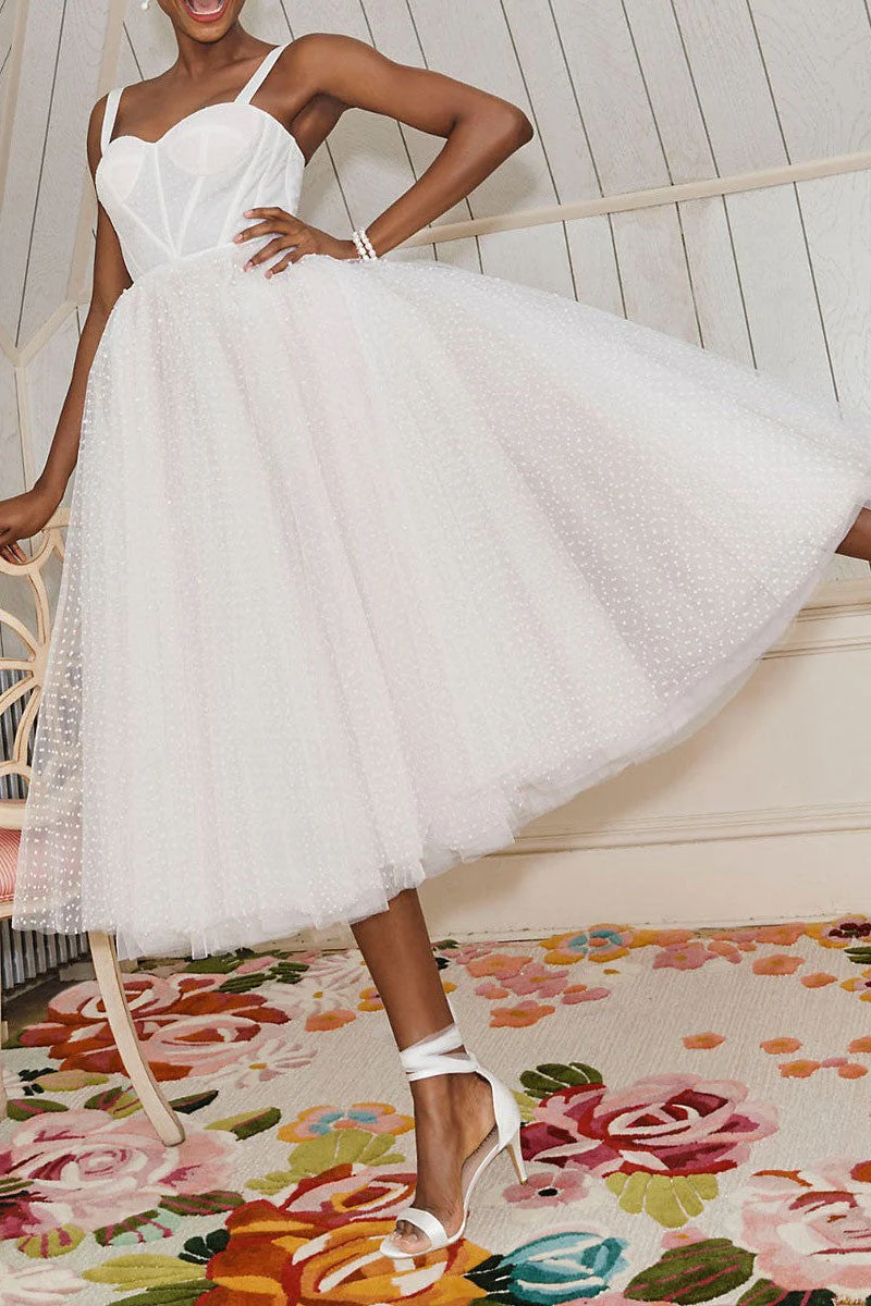 Exclusive White Wedding Dresses T-Length A-Line Sweetheart Pearls Spaghetti Straps Tea Length Bridal Dress - Image 6