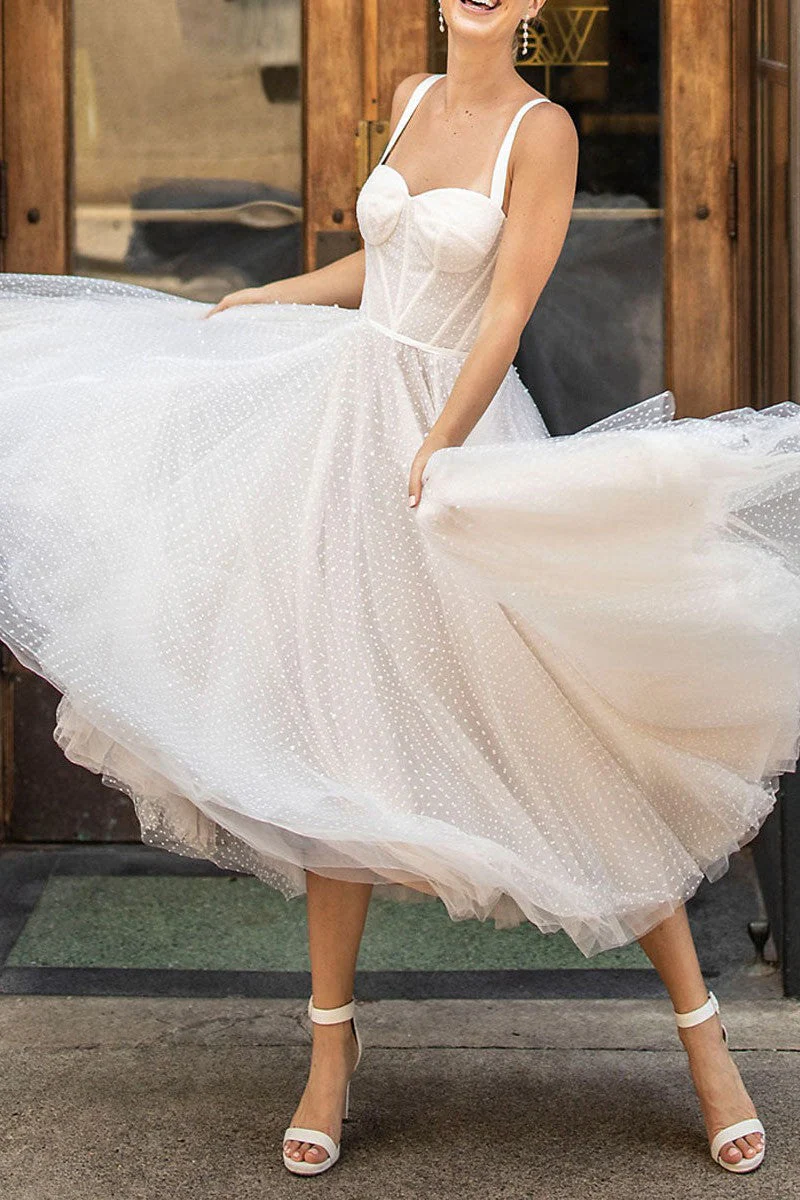 Exclusive White Wedding Dresses T-Length A-Line Sweetheart Pearls Spaghetti Straps Tea Length Bridal Dress - Image 7