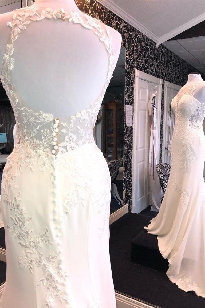 Exquisite Jewel Sleeveless Wedding Dress Sheath Tulle Lace Open Back Bridal Gown - Image 2