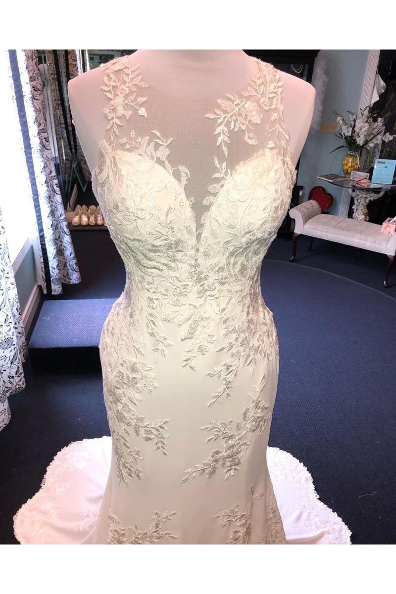 Exquisite Jewel Sleeveless Wedding Dress Sheath Tulle Lace Open Back Bridal Gown - Image 3