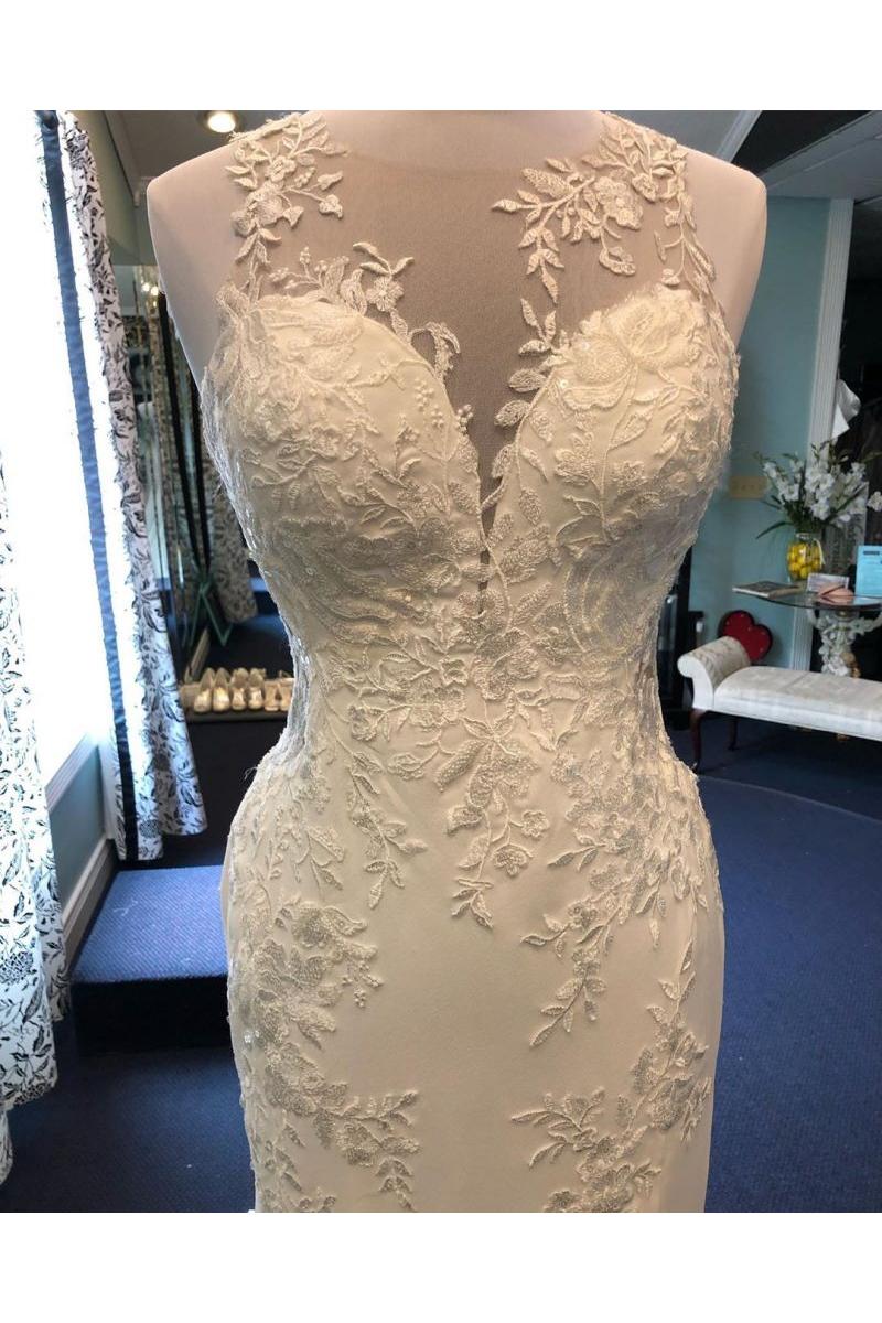 Exquisite Jewel Sleeveless Wedding Dress Sheath Tulle Lace Open Back Bridal Gown - Image 4