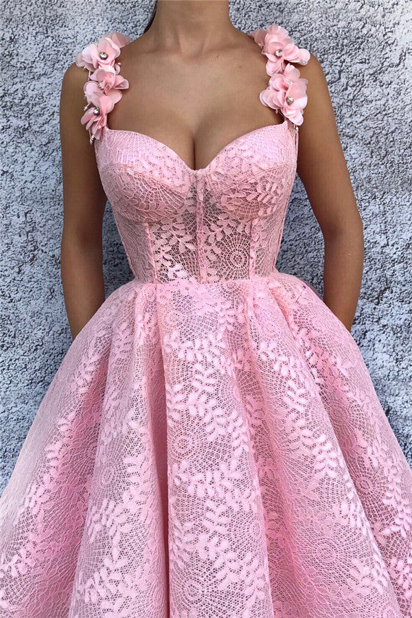 Exquisite Lace Sweetheart Pink Prom Party Gowns| Chic Flower Straps Sleeveless Long Prom Party Gowns - Image 2