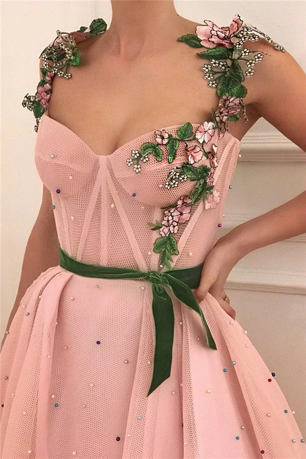 Exquisite Pink Tulle Burgundy See Through Bodice Sweetheart Sash Prom Dress with Pearls - Image 2