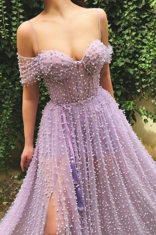 Exquisite Sweetheart Front Slit Long Affordable Tulle Pearls Off-the-Shoulder Prom Dress - Image 2