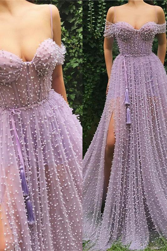 Exquisite Sweetheart Front Slit Long Affordable Tulle Pearls Off-the-Shoulder Prom Dress - Image 3