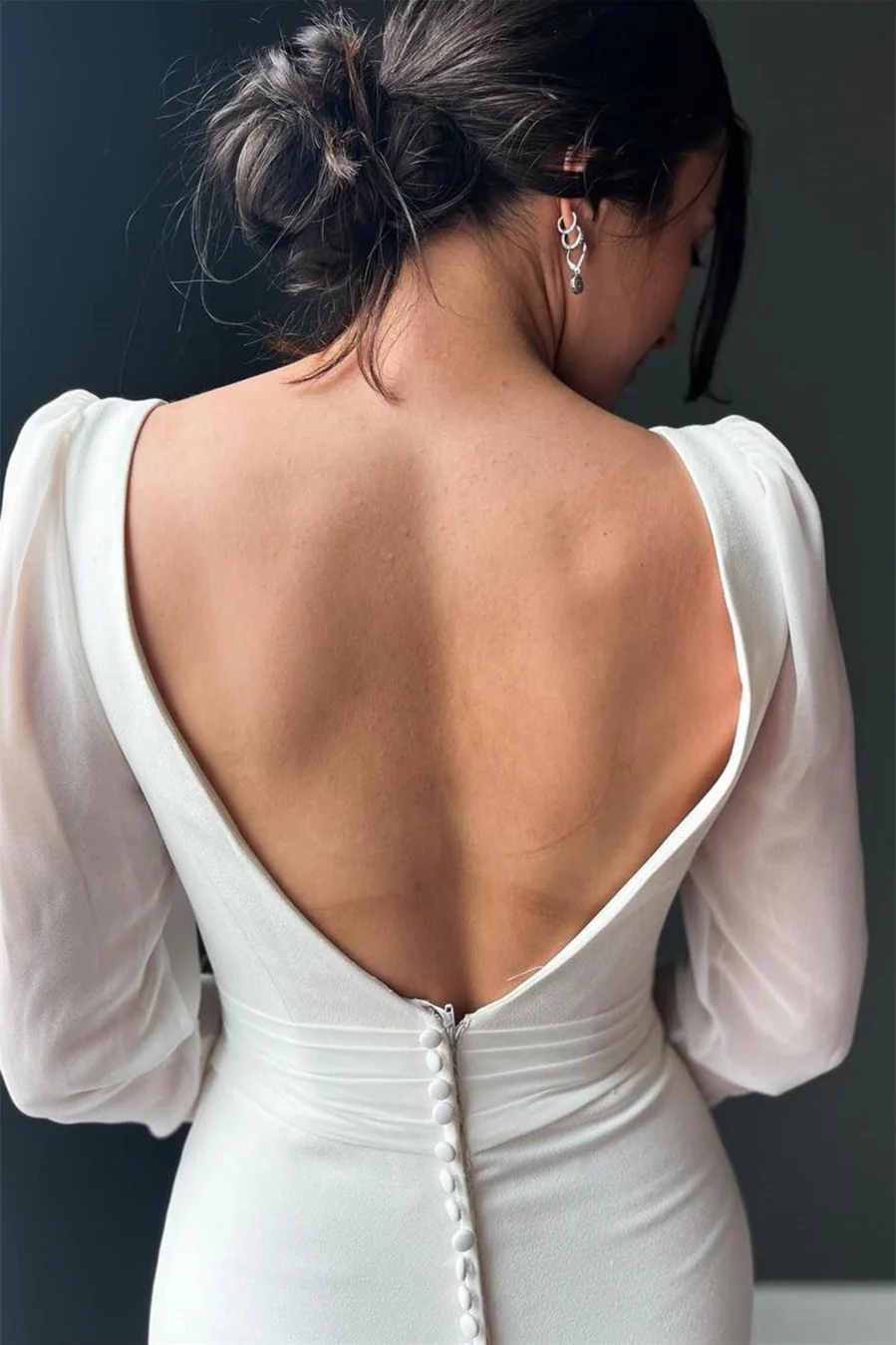 Exquisite V-Neck Long Sleeves Satin Wedding Dresses Mermaid Long Open Back With Buttons Pleats - Image 6