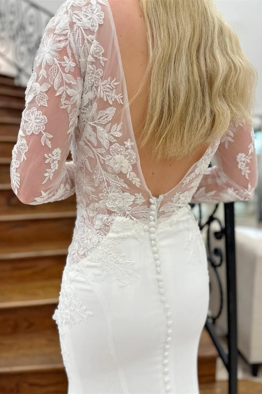 Exquisite V-Neck Mermaid Wedding Dresses Appliques Lace Long Sleeves Open Back With Buttons - Image 2
