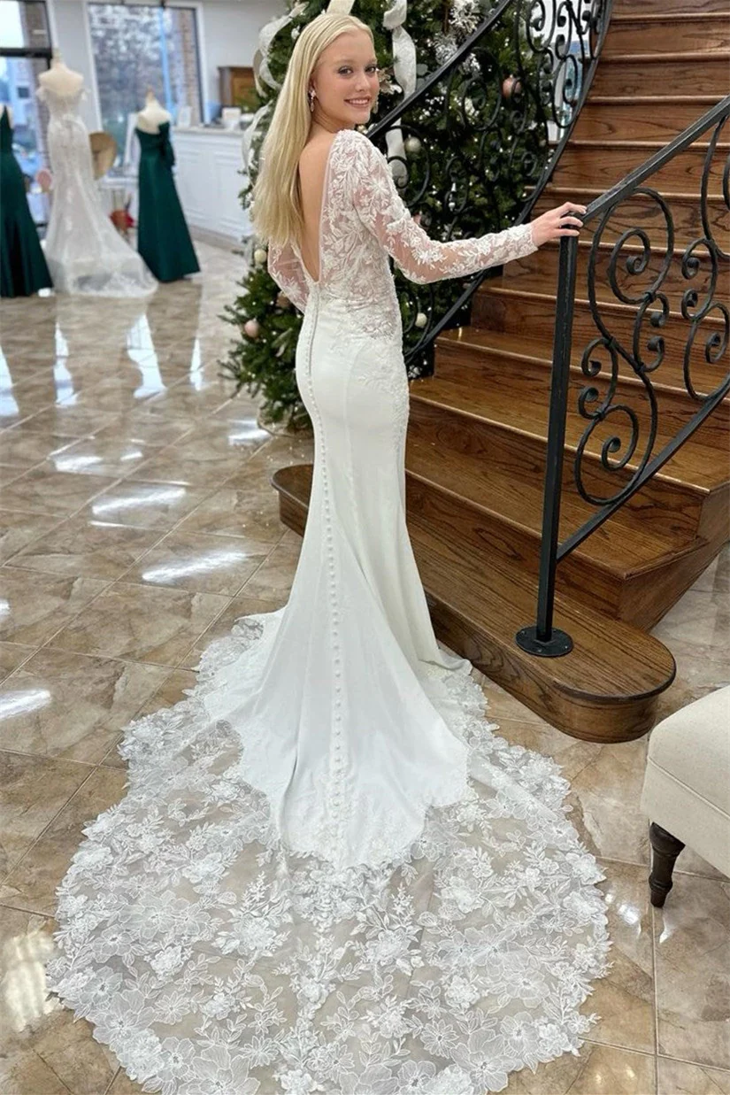 Exquisite V-Neck Mermaid Wedding Dresses Appliques Lace Long Sleeves Open Back With Buttons - Image 3