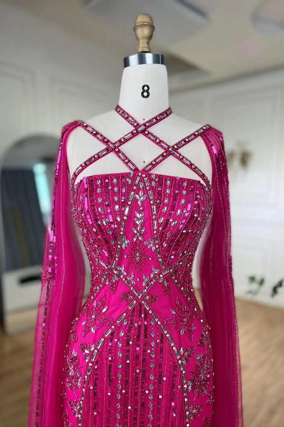Fabulous Hot Pink Beadings Evening Dress Mermaid Long With Ruffle - Image 2