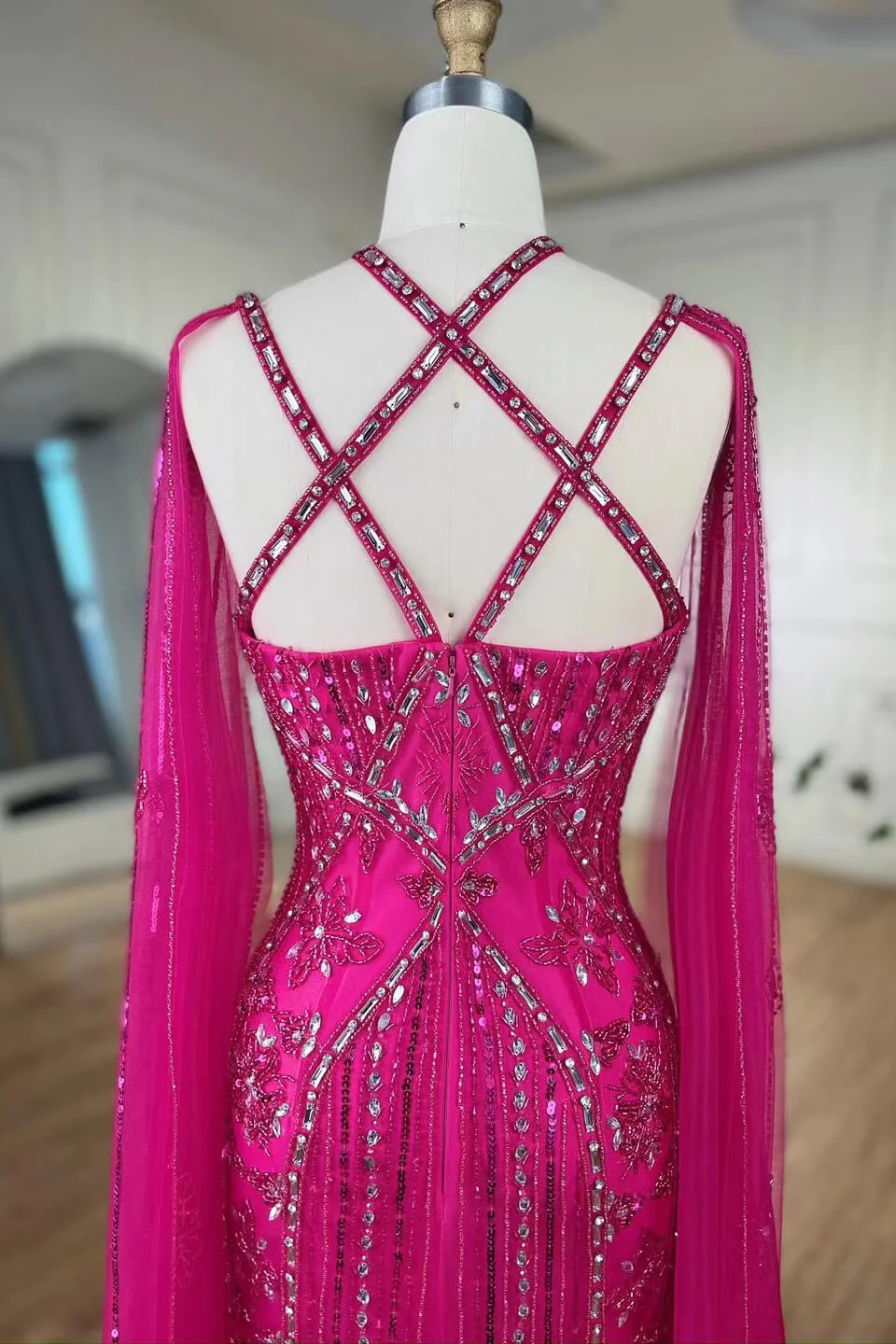 Fabulous Hot Pink Beadings Evening Dress Mermaid Long With Ruffle - Image 3
