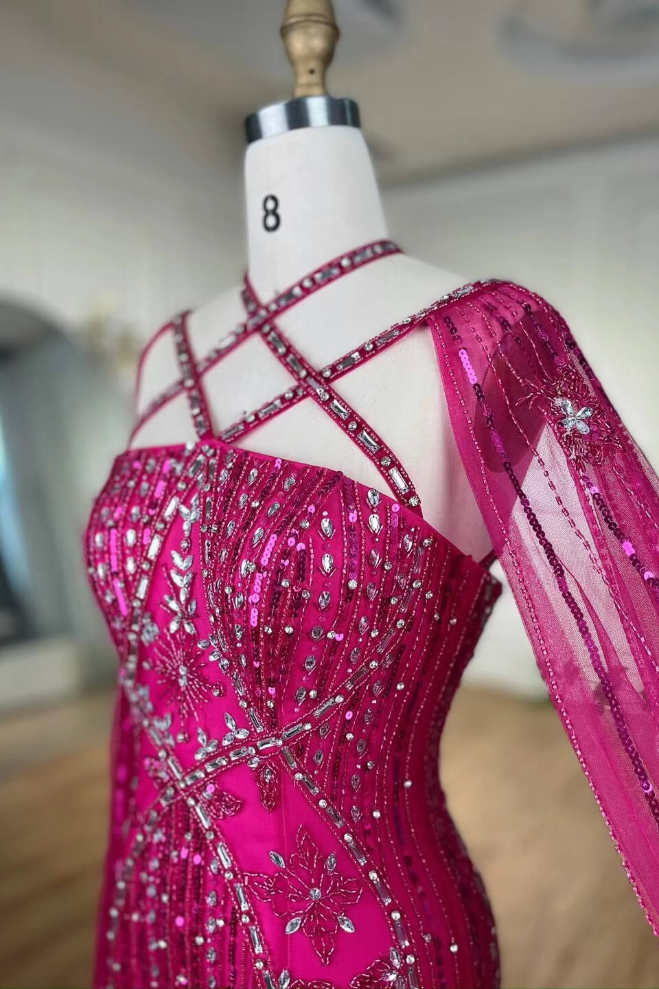 Fabulous Hot Pink Beadings Evening Dress Mermaid Long With Ruffle - Image 4