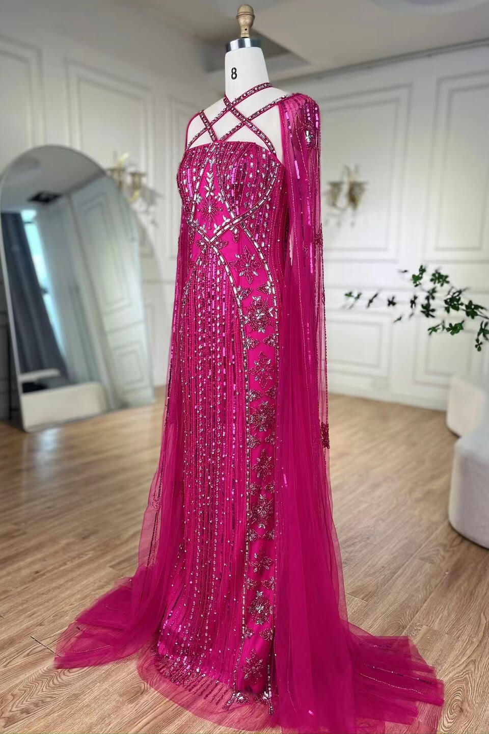 Fabulous Hot Pink Beadings Evening Dress Mermaid Long With Ruffle - Image 5