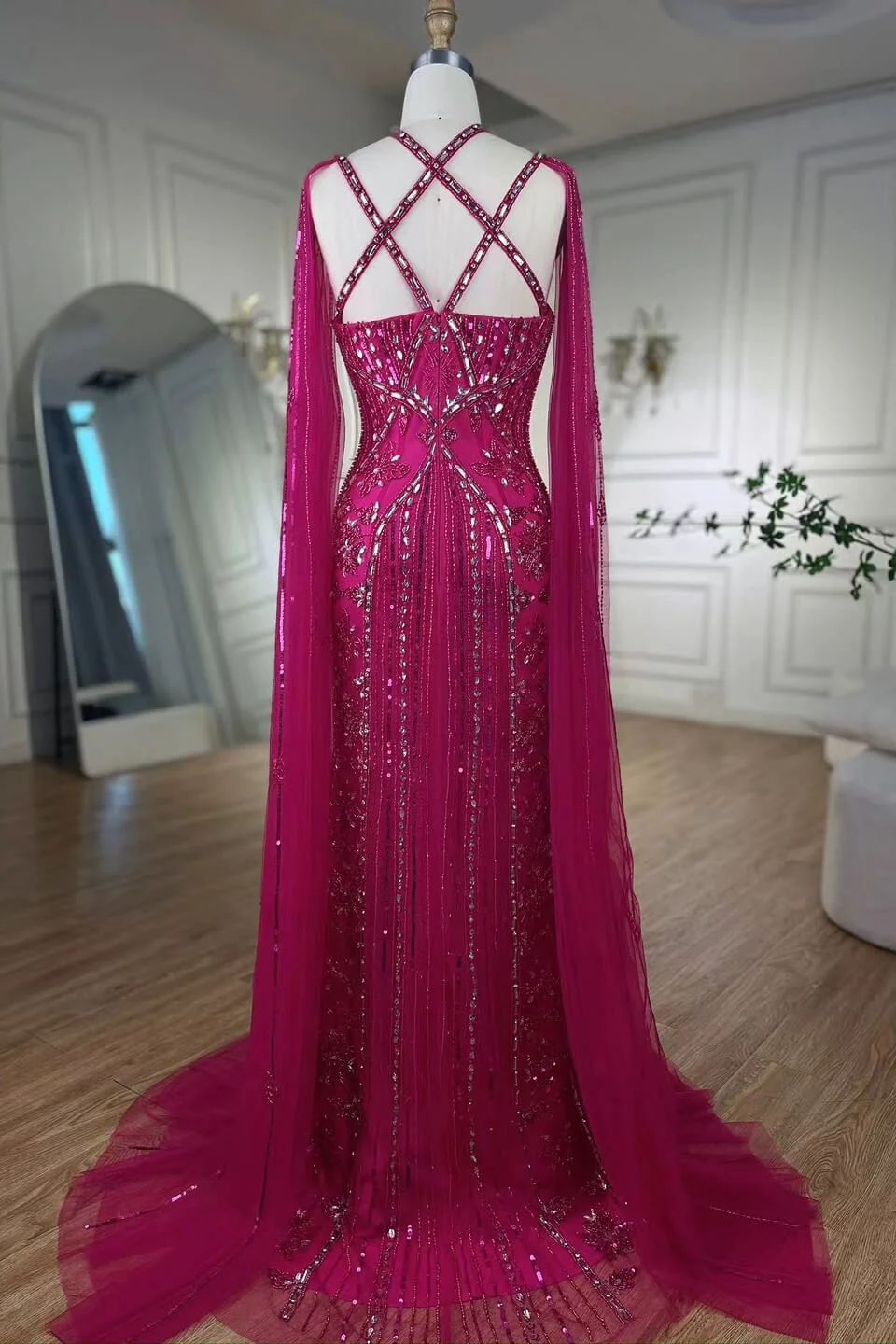 Fabulous Hot Pink Beadings Evening Dress Mermaid Long With Ruffle - Image 6