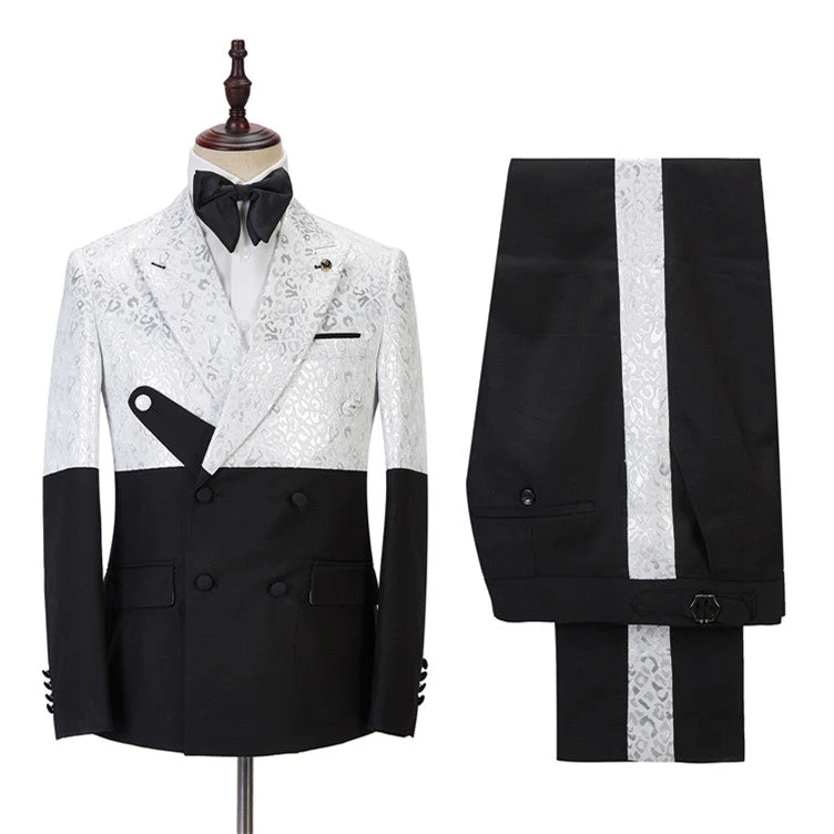 Fashion Black and White Jacquard Peaked Lapel Men Suits Online - Image 3