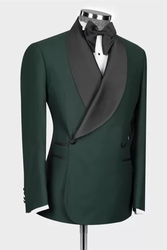 Fashion Dark Green Shawl Lapel Double-Breasted Wedding Suit - Image 3