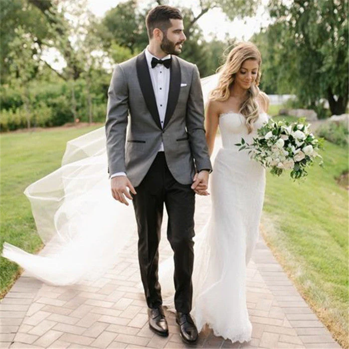 Fashion Gray Shawl Lapel Wedding Suit One Button Men Suit - Image 2