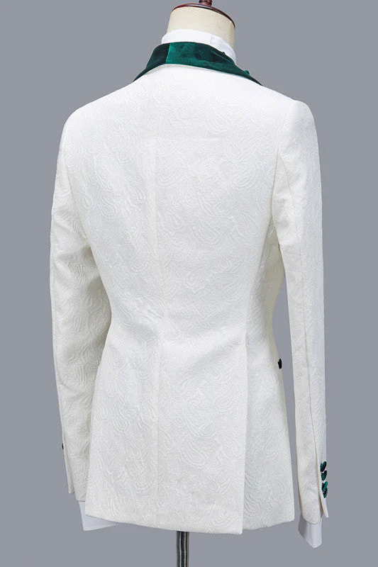 Fashion Jacquard Three Pieces White Wedding Suit with Green Lapel - Image 2
