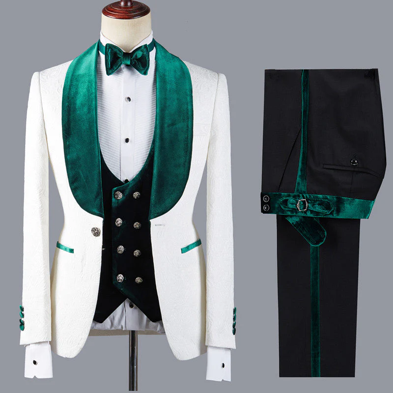 Fashion Jacquard Three Pieces White Wedding Suit with Green Lapel - Image 3