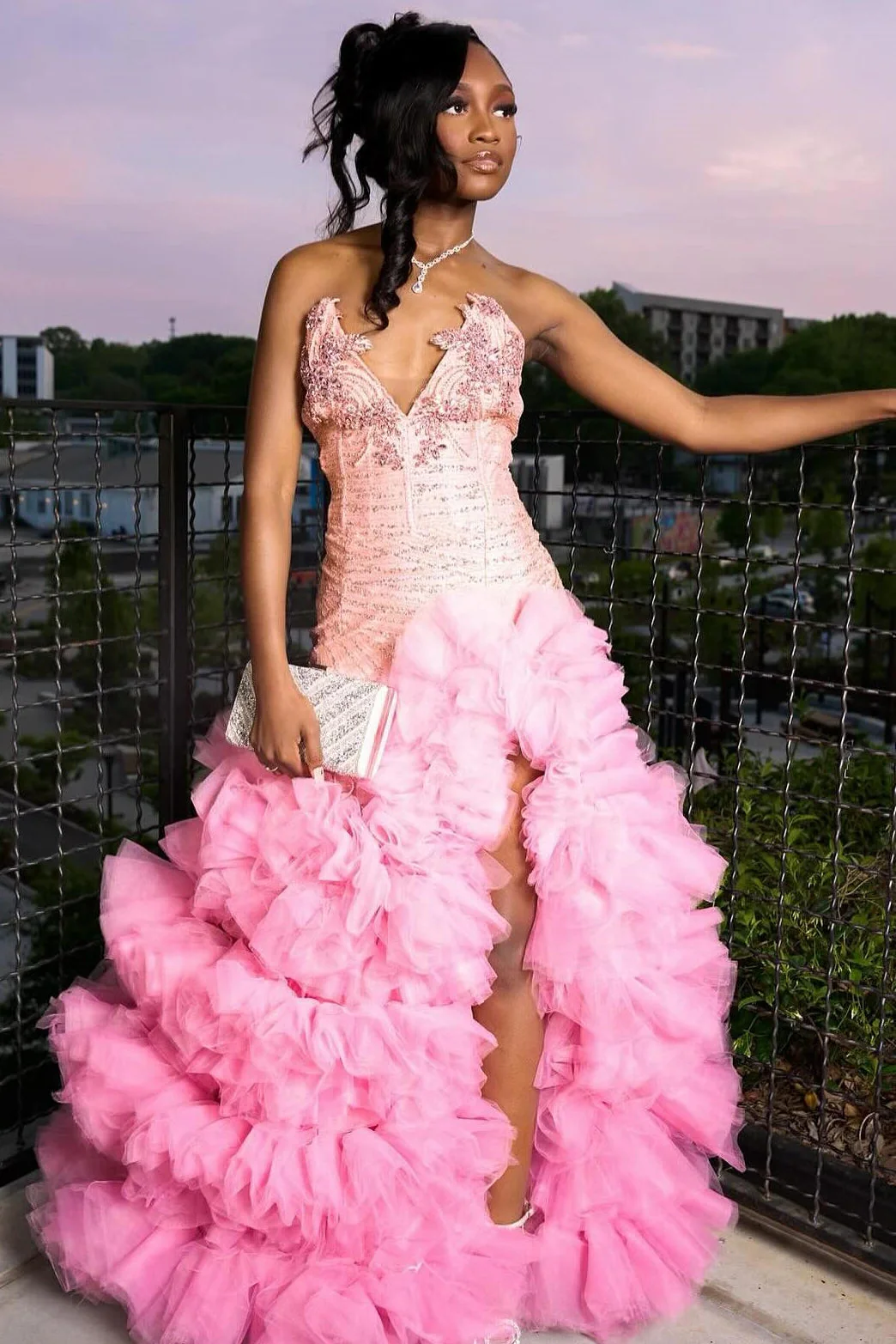 Fashion Pink Sweetheart Tiered Side Slit Appliques Prom Dress - Image 2