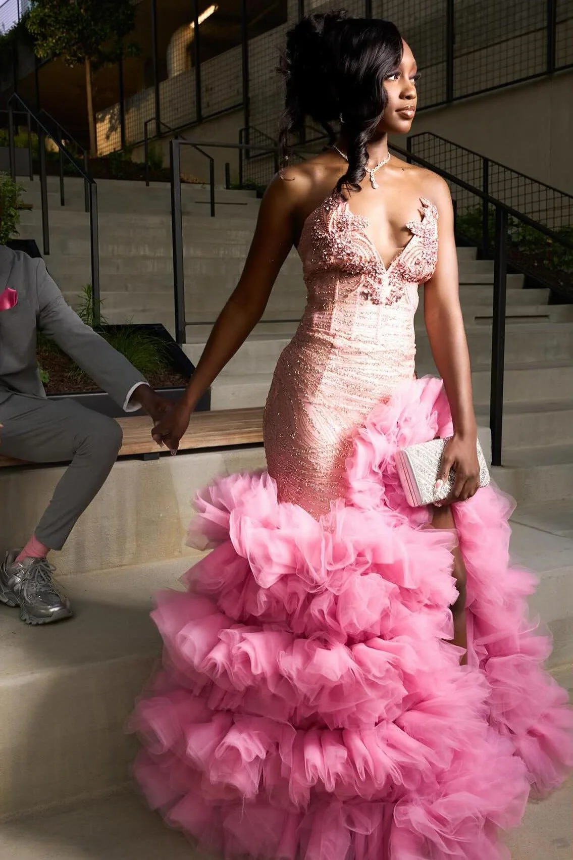 Fashion Pink Sweetheart Tiered Side Slit Appliques Prom Dress - Image 5
