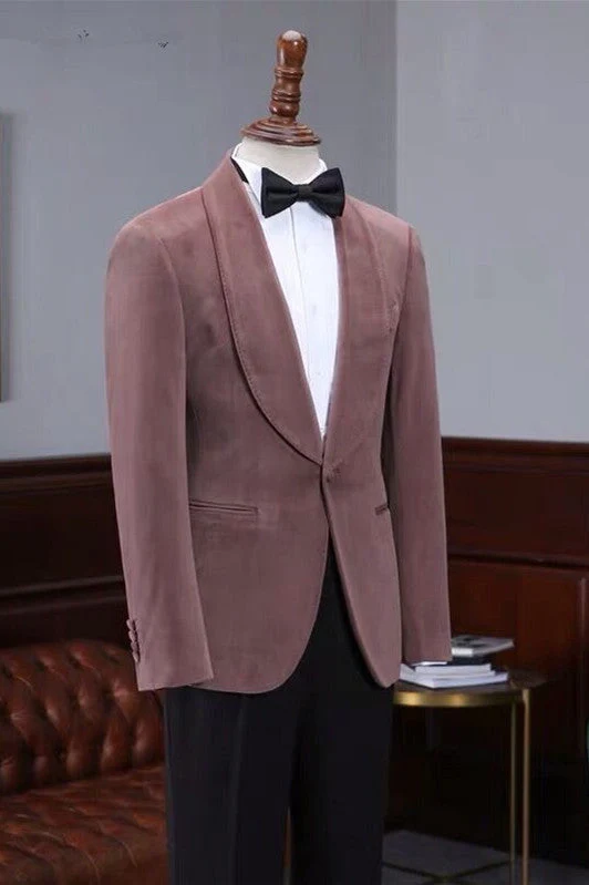 Fashion Pink Velvet Shawl Laple Men Suits for Wedding - Image 2
