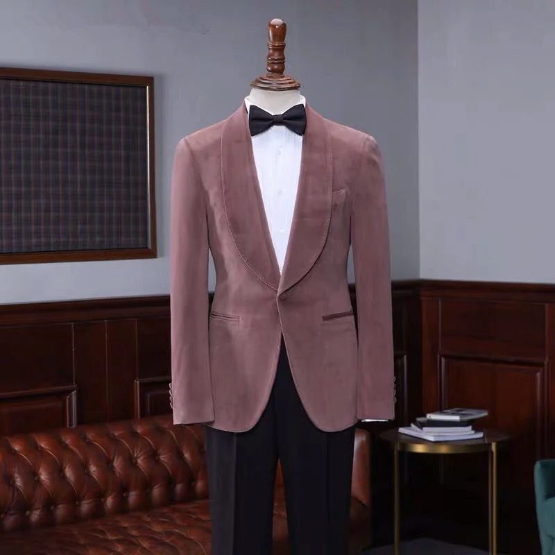 Fashion Pink Velvet Shawl Laple Men Suits for Wedding - Image 3