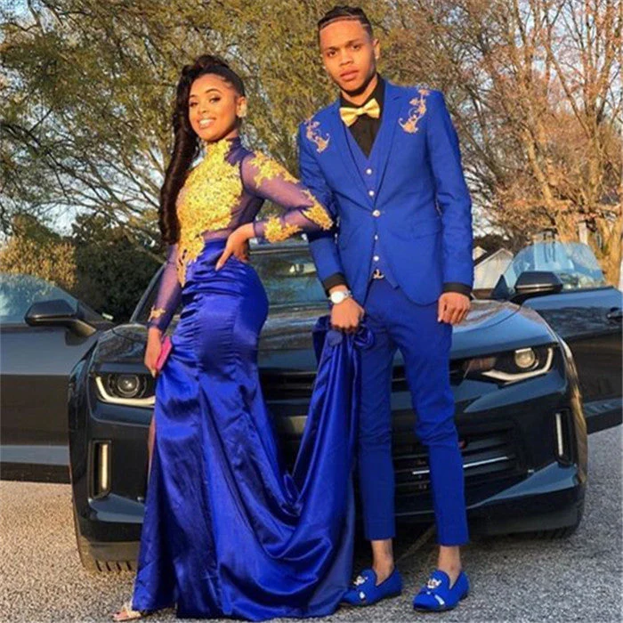 Designer Royal Blue Three Pieces Appliques Men's Prom Suits Online - Image 2