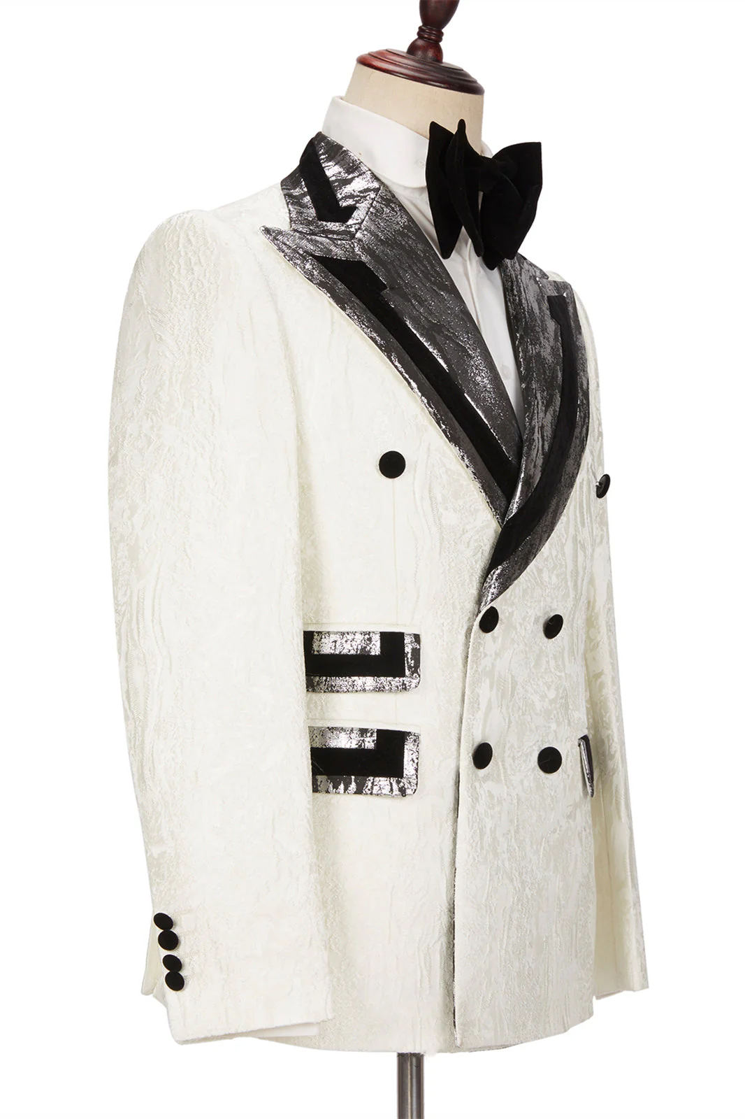 Fashion White Jacquard Sparkle Silver Gray Lapel Flaps Black Banding Edge Men Wedding Suits Tuxedos - Image 3