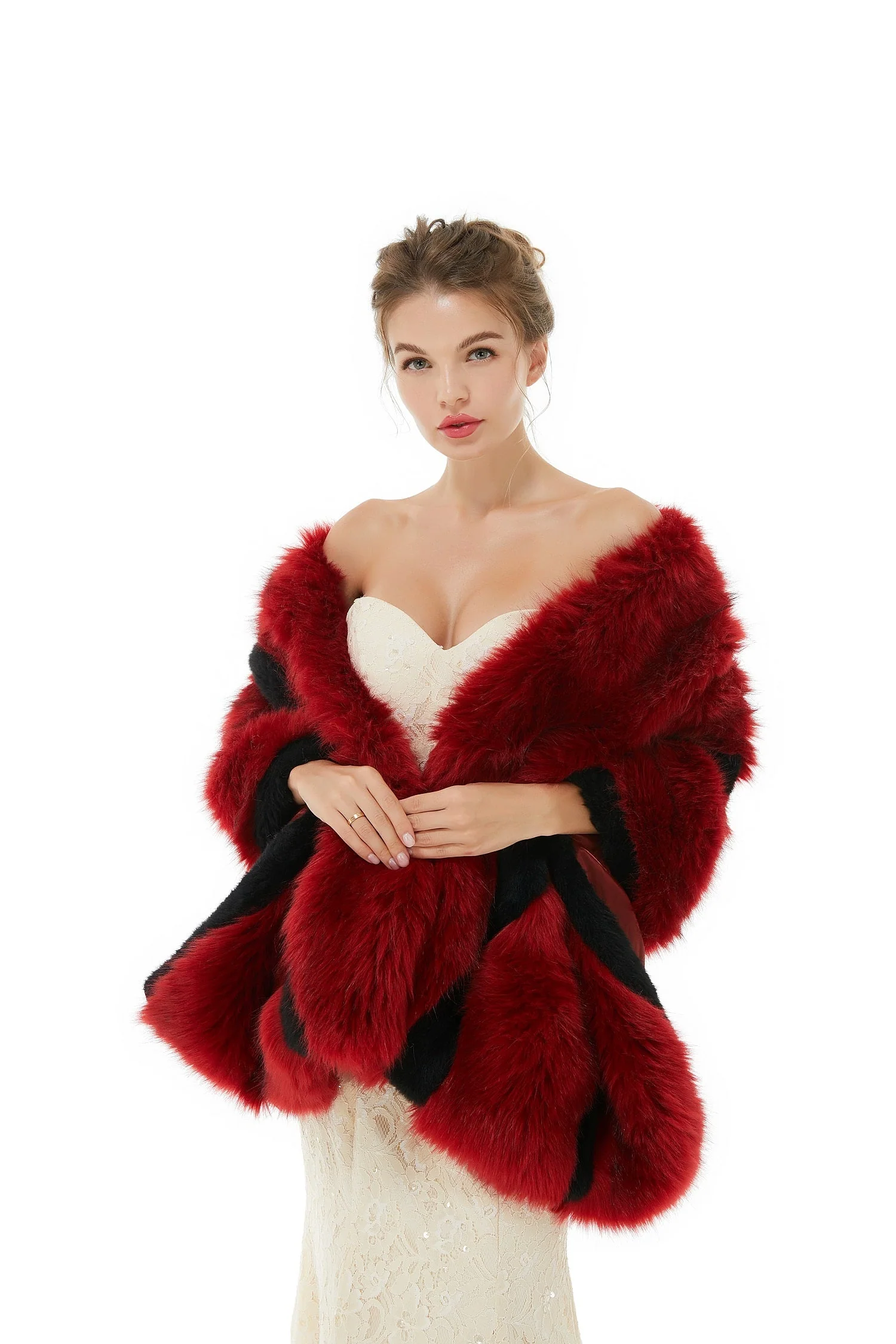 Faux Fur Burgundy Wedding Shawl Fluffy Bridal Wrap Shrug - Image 4