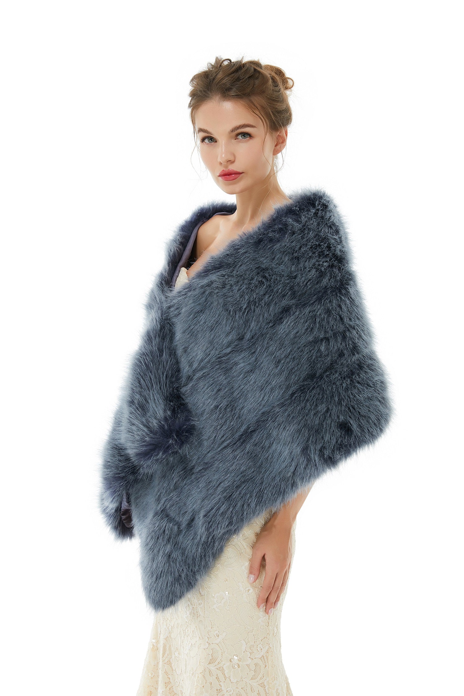 Faux Fur Jacket Women Navy Winter Wrap Shawl Poncho Cape Coat - Image 2