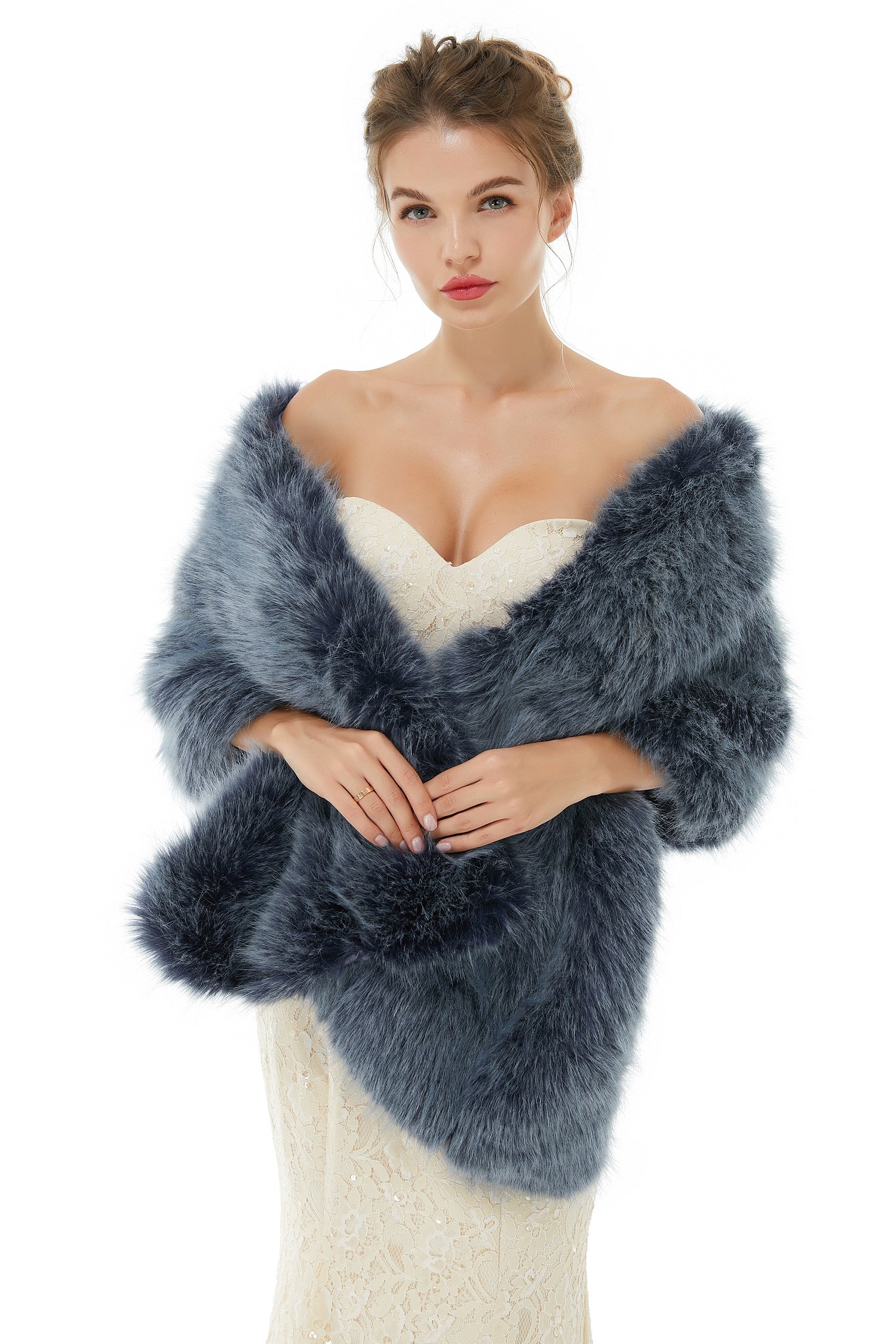 Faux Fur Jacket Women Navy Winter Wrap Shawl Poncho Cape Coat - Image 4