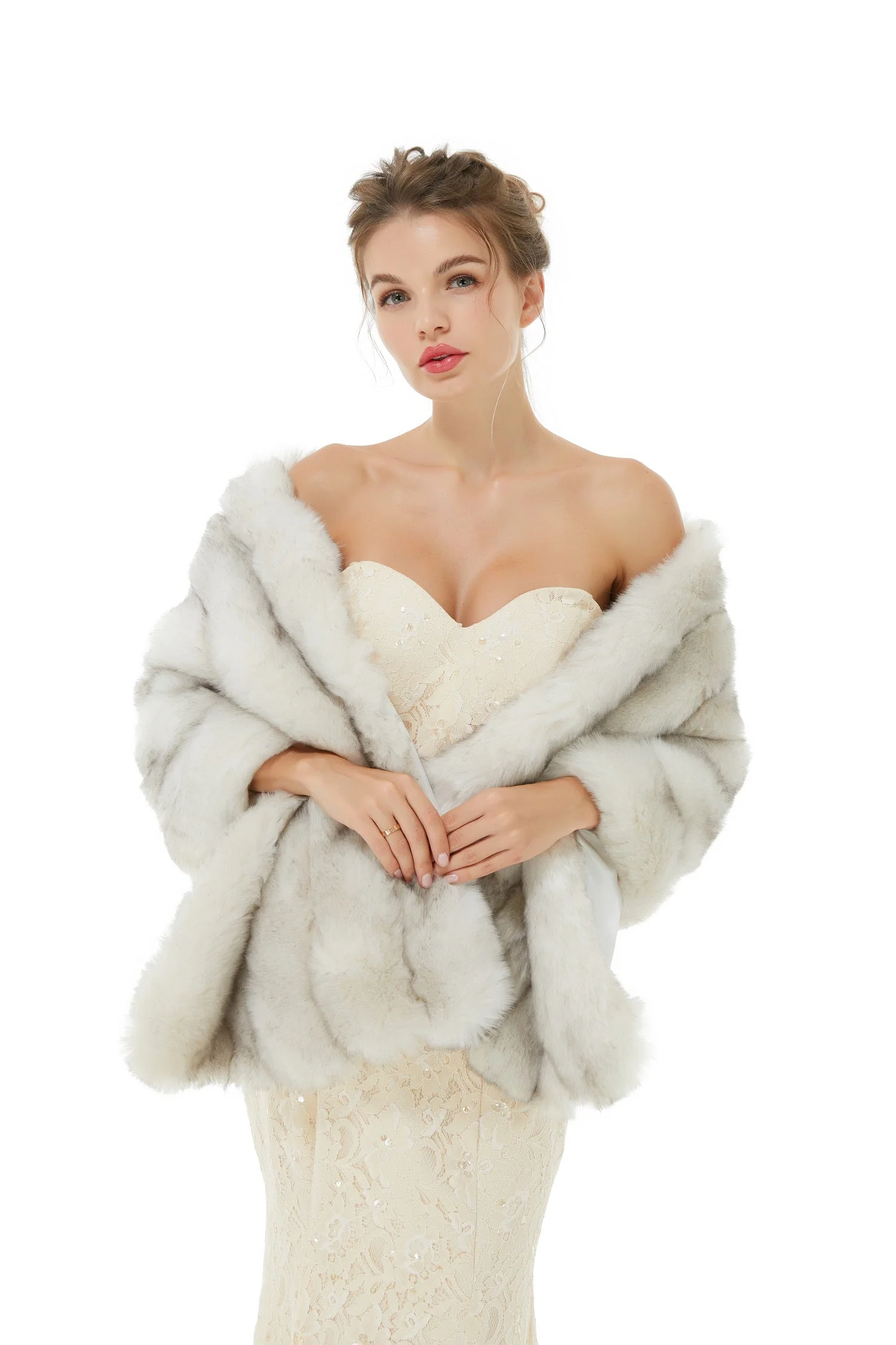 Faux Fur Shawl Gray Women's Winter Poncho - Image 3