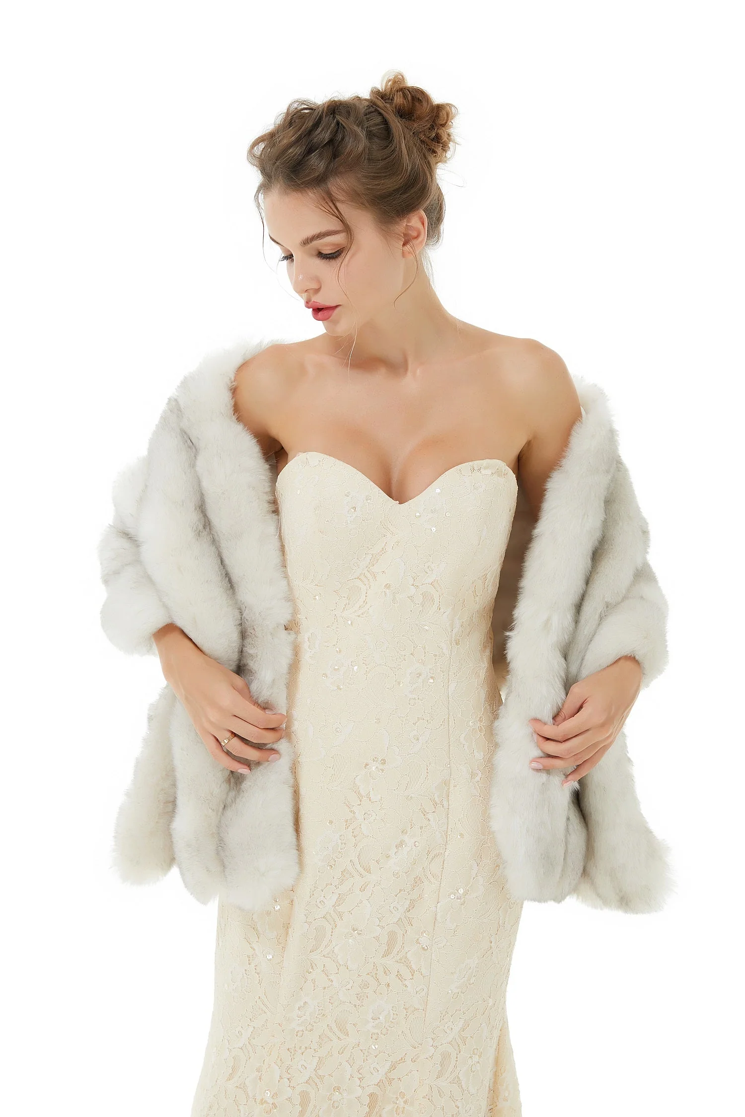 Faux Fur Shawl Gray Women's Winter Poncho - Image 4