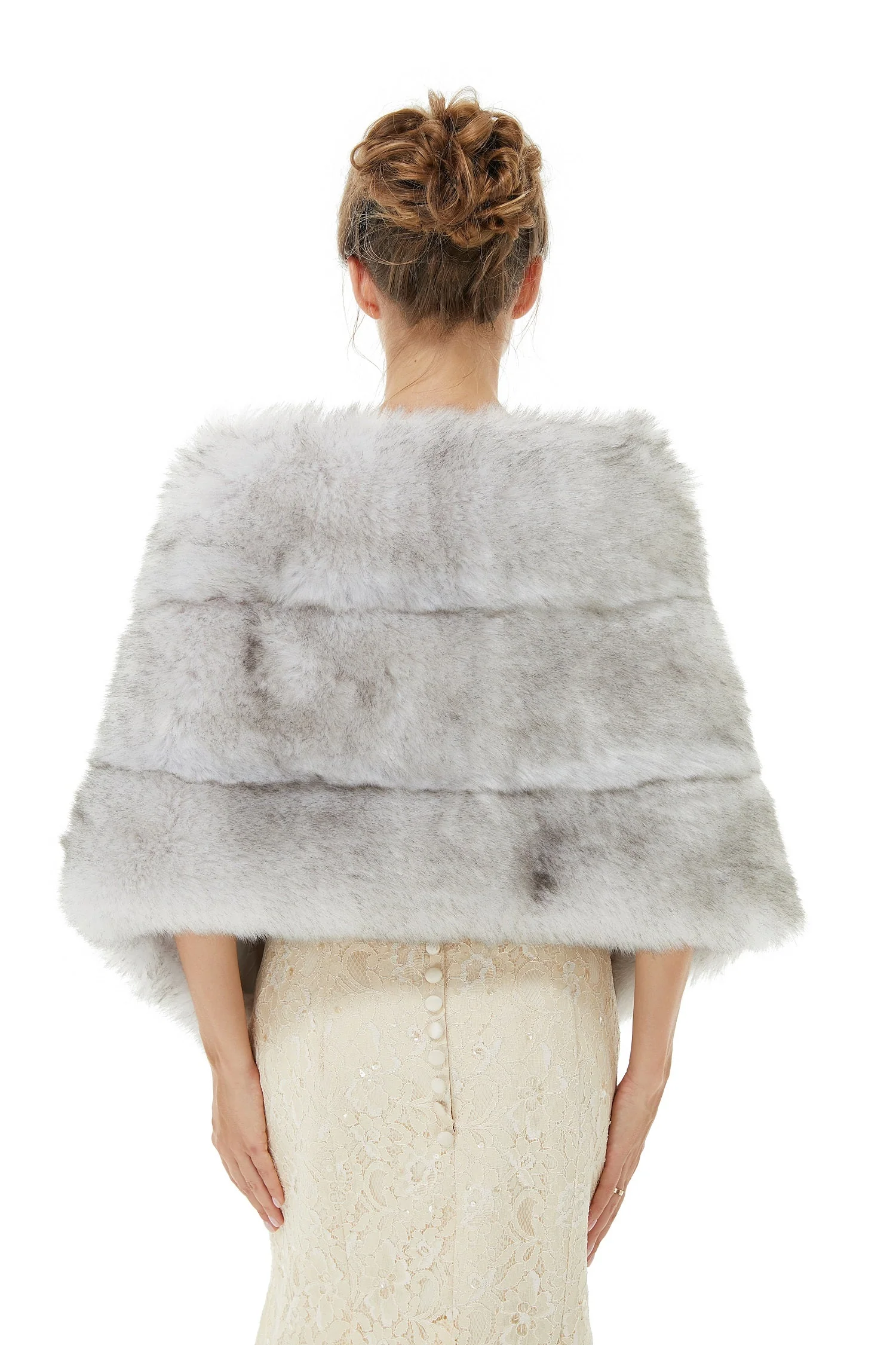 Faux Fur Wedding Shawl Light Gray Fluffy Bridal Wrap Shrug - Image 3