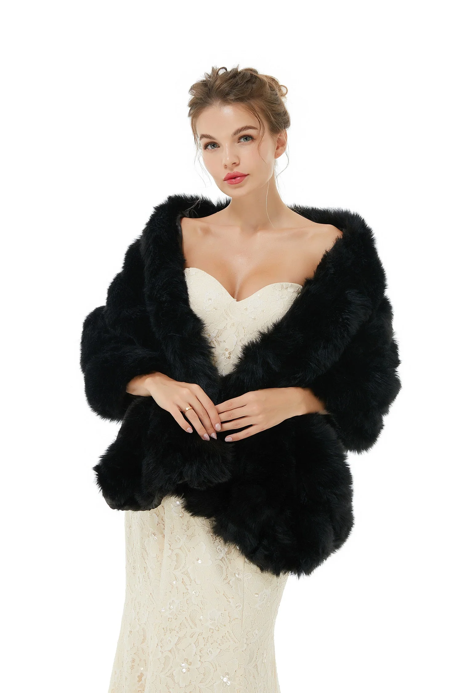 Faux Fur Wrap Black Women Faux Fur Shawl Wedding Wraps - Image 3