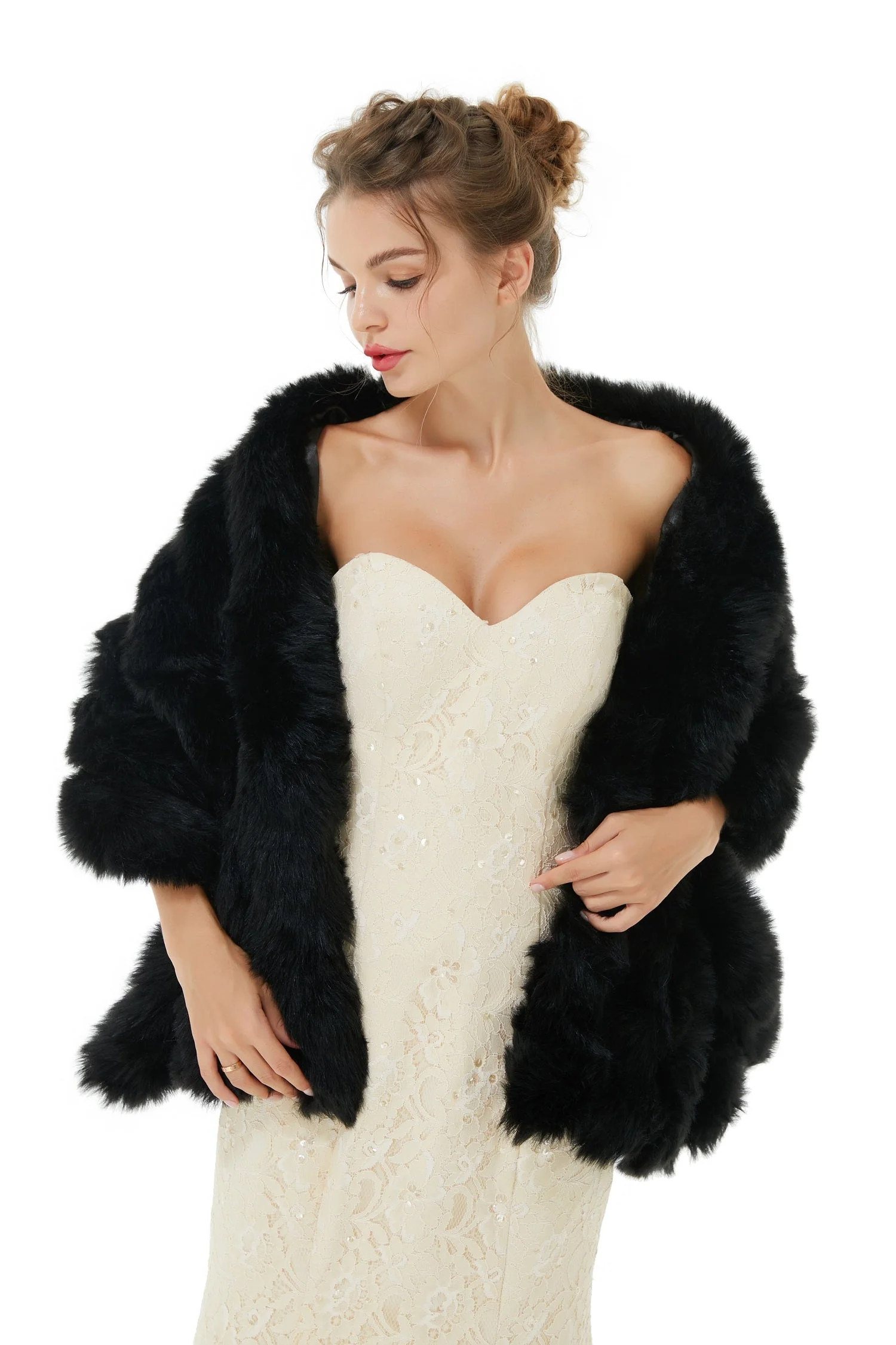 Faux Fur Wrap Black Women Faux Fur Shawl Wedding Wraps - Image 4