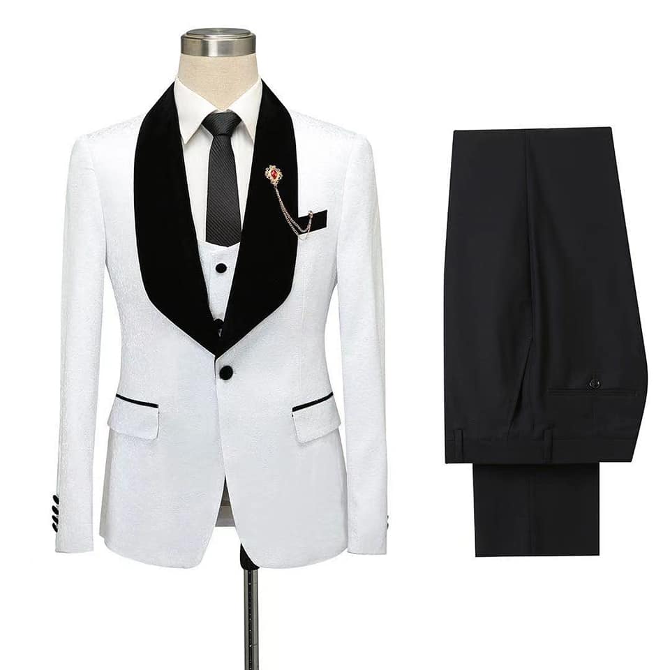 Fernando White Jacquard One Button Wedding Men Suits with Black Lapel - Image 5