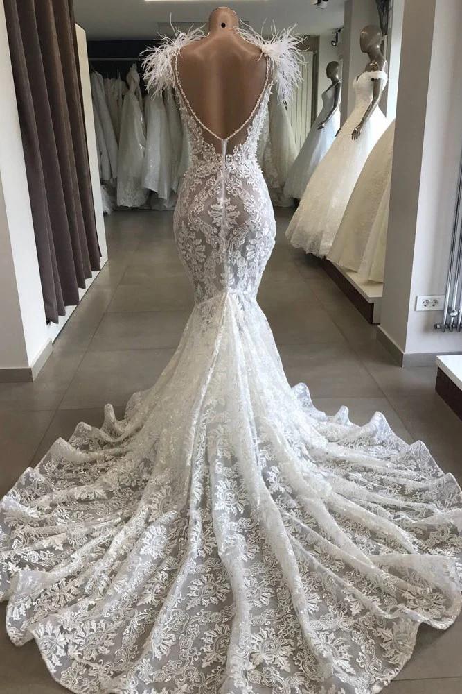 Fit and Flare Lace Crystals Necklace Wedding Dresses Open Back Bridal Gowns with Feather - Image 2