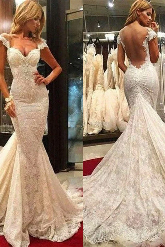 Fit and Flare Lace Wedding Dresses Sheer Tulle Back Wholesale Bridal Gowns with Chapel Train - Image 2