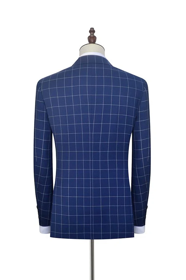 Flap Pocket Peak Lapel Grey Checked Navy Blue Mens Suits - Image 2